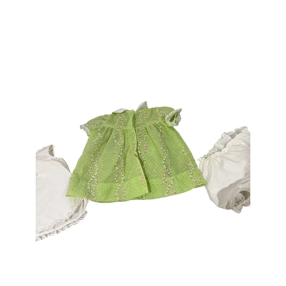 Handmade Baby Doll Outfit‎ Green Swiss Dot Floral Dress Slip Bloomers 3pc Set